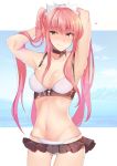  armpits arms_up ashino bangs bare_arms bikini black_choker blue_sky blunt_bangs blush breasts choker closed_mouth commentary_request cowboy_shot day eyebrows_visible_through_hair fate/grand_order fate_(series) frills heart long_hair medb_(fate)_(all) medb_(swimsuit_saber)_(fate) medium_breasts navel ocean outside_border pink_hair sidelocks skindentation sky solo standing swimsuit tiara tongue tongue_out twintails very_long_hair white_bikini yellow_eyes 