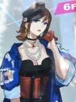  artist_request blue_eyes breasts choker earrings gloves hand_on_own_cheek hat highres jewelry kaname_buccaneer large_belt lipstick looking_at_viewer macross macross_delta makeup medium_breasts necklace official_art photo red_hair short_hair solo torn_clothes 