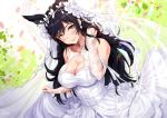  adjusting_hair animal_ears armpit_crease atago_(azur_lane) azur_lane bangs bare_shoulders black_hair blush breasts bridal_gauntlets bridal_veil brown_eyes cleavage cleavage_cutout closed_mouth commentary_request dress dress_lift earrings extra_ears eyebrows_visible_through_hair floating_hair gloves hair_ribbon highres jewelry large_breasts lifted_by_self light_particles light_rays long_hair looking_at_viewer mole mole_under_eye petals ribbon sakiyamama signature smile solo sparkle swept_bangs taut_clothes veil very_long_hair wedding_dress white_dress white_gloves white_ribbon wind wind_lift 