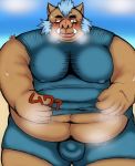  2018 anthro belly blush boar bulge gouryou japanese_text male mammal marumori0619 mohawk moobs navel overweight overweight_male porcine solo text tokyo_afterschool_summoners tusks wetsuit 