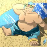  2018 anthro beach belly boar bulge eyewear gouryou male mammal mohawk moobs navel nipples one_eye_closed overweight overweight_male porcine qweszxc612xu30 seaside sitting solo sunglasses surfboard sweat tokyo_afterschool_summoners tusks wetsuit wink 