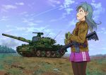  assault_rifle brown_eyes caterpillar_tracks cloud commentary_request day grass green_eyes ground_vehicle gun long_hair looking_up m4_carbine machine_gun military military_vehicle motor_vehicle original pantyhose rifle shorts sky suupii tank type_74 weapon 