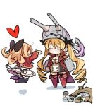  abercrombie_(azur_lane) anchor azur_lane blonde_hair bow box cannon cardboard_box chibi closed_eyes commentary_request drill_hair hair_bow hair_ribbon heart jumping long_hair military military_uniform mota multiple_girls nelson_(azur_lane) ribbon simple_background twin_drills uniform white_background 