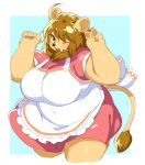  anthro apron big_breasts black_nose blonde_hair bow breasts brown_eyes claws clothing digital_media_(artwork) fangs feline female fur hair inner_ear_fluff kishibe lion long_hair looking_at_viewer mammal mane one_eye_closed open_mouth orange_fur overweight pawpads paws smile solo standing uniform v_sign wink 