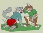  anthro clothed clothing crouching darkglider domestic_cat duo feces felid feline felis front_view fur hair lagomorph male mammal pants_down partially_clothed rabbit rear_view scat shirt shorts soiling whiskers 