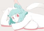  2018 anthro arm_support breast_squish breasts cat domenica feline female fur green_hair hair inner_ear_fluff kemono leaning_on_elbow looking_aside lying mammal nude on_front pink_nose red_eyes sasamino short_hair simple_background slit_pupils solo white_fur 