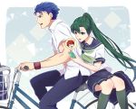  blue_eyes blue_hair cellphone contemporary eliwood_(fire_emblem) fire_emblem fire_emblem:_rekka_no_ken green_eyes green_hair ground_vehicle hector_(fire_emblem) kazame long_hair lyndis_(fire_emblem) multiple_riders open_mouth phone ponytail red_hair school_uniform serafuku short_hair sidesaddle smile spoken_person taiga_kazame 