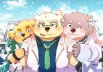  2017 anthro bear blush canine cigarette cusith dog eyewear fur glasses group jambavan mammal natamaru_a necktie one_eye_closed pink_fur rave_(housamo) scarf slightly_chubby tokyo_afterschool_summoners wink 