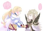  ? armor black_armor black_gloves blonde_hair blush braid cape closed_mouth commentary crown crown_braid fire_emblem fire_emblem_heroes from_side gloves gradient_hair green_eyes grey_hair hair_ornament long_hair long_sleeves multicolored_hair multiple_girls open_mouth pink_hair qumaoto red_eyes sharena shoulder_armor simple_background translated twitter_username veronica_(fire_emblem) white_background 