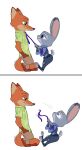  2018 anthro barefoot belt bulletproof_vest canine clothed clothing dipstick_ears disney duo eye_contact falling female fox gloves_(marking) hand_in_pocket humor judy_hopps lagomorph male mammal markings motion_lines necktie necktie_grab nick_wilde oops police_uniform rabbit side_view signature simple_background smile socks_(marking) tggeko uniform utility_belt wardrobe_malfunction white_background zootopia 