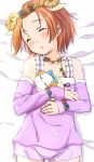  animal_ears ass_visible_through_thighs bangs_pinned_back bed_sheet blush closed_eyes commentary_request detached_sleeves extra_ears flower flower_bracelet flower_necklace frills hands_on_own_chest head_wreath highres horns hoshizora_rin jewelry long_sleeves love_live! love_live!_school_idol_project lying necklace on_back open_mouth orange_hair purple_pajamas purple_shorts sen_(sen0910) sheep_ears sheep_horns short_hair short_shorts shorts sleeping solo star star_print stuffed_animal stuffed_sheep stuffed_toy 
