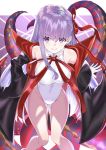  absurdres ass_visible_through_thighs bare_shoulders bb_(fate)_(all) bb_(swimsuit_mooncancer)_(fate) black_coat breasts fate/grand_order fate_(series) gloves highleg highleg_leotard highres horns knees_together large_breasts leotard long_hair looking_at_viewer popped_collar purple_eyes purple_hair smile solo takubon_(xewh4773) thigh_gap white_gloves white_leotard 