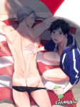  artist_name ass beach_towel beach_umbrella black_hair blue_eyes brown_eyes from_above gearous highres hood hoodie katsuki_yuuri looking_back lotion lying male_focus male_swimwear multiple_boys on_stomach silver_hair smile squatting sunscreen swim_briefs swimsuit_pull swimwear tan tanline towel umbrella viktor_nikiforov yuri!!!_on_ice 