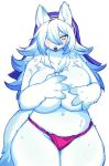  anthro big_breasts blush breasts canine chest_tuft claws clothing digital_media_(artwork) female fluffy fur hair holding_breast inner_ear_fluff kishibe long_hair looking_at_viewer mammal navel panties simple_background slightly_chubby solo standing sweat thick_thighs tuft underwear voluptuous white_background white_fur white_hair wide_hips yellow_eyes 