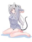  akagashi_hagane alternate_hair_length alternate_hairstyle animal animal_ears arms_up bangs bare_legs barefoot black_panties blush breasts eyebrows_visible_through_hair grey_hair hair_between_eyes hair_ornament hair_scrunchie holding holding_animal jewelry long_sleeves looking_at_viewer medium_breasts mouse mouse_ears mouse_tail nazrin panties pantyshot pantyshot_(sitting) pendant ponytail red_eyes ribbed_sweater scrunchie shadow sidelocks simple_background sitting sleeves_past_wrists solo sweater tail thighs touhou turtleneck turtleneck_sweater underwear white_background 