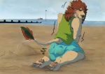  4_toes anthro beach biped boat claws clothing darkglider digitigrade exhibitionism eyebrows eyes_closed feces felid fur hair leo_blake lion male mammal pantherine pawpads public sand scat sea seaside shirt shorts sky soiling solo toe_claws toes tongue tongue_out vehicle water 