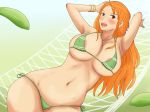  1girl areola_slip areolae bare_shoulders bent_over bikini blush bracelet breasts brown_eyes cleavage curvy erect_nipples female flower hips huge_breasts jewelry long_hair looking_at_viewer momo_765 nami_(one_piece) one_piece open_mouth orange_hair smile solo swimsuit tattoo teeth thighs tongue wide_hips 