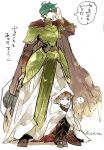  1girl armor axe brown_footwear cape chiva_(wonderworldwood) closed_mouth commentary_request cosplay crown ephraim fado_(fire_emblem) fado_(fire_emblem)_(cosplay) fire_emblem fire_emblem:_seima_no_kouseki fire_emblem_heroes green_armor green_hair grey_hair hiding holding holding_axe long_hair open_mouth red_eyes short_hair simple_background sitting standing twitter_username under_clothes veronica_(fire_emblem) white_background 