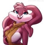  2018 aged_up anthro babs_bunny blue_eyes breasts buckteeth countershade_torso countershading eyelashes female fur half-closed_eyes hi_res lagomorph mammal mature_female pink_fur pink_nose pinup pose rabbit saran-rape simple_background solo teeth tiny_toon_adventures warner_brothers white_background 