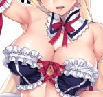  1girl :d arm_up armpits blonde_hair blush breasts cleavage commentary_request copyright_request covered_collarbone cross-laced_clothes detached_collar facing_viewer frills head_out_of_frame large_breasts lips long_hair matsuryuu midriff open_mouth shiny shiny_hair simple_background smile solo upper_body white_background white_frills 