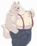  2016 belly big_belly canine clothing cute_fangs dog fur looking_at_viewer male mammal moobs navel obese open_mouth overweight overweight_male pants samoyed simple_background solo standing suspenders sv_grart white_background 