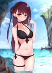  alternate_costume bangs beach bikini black_bikini blue_sky blush breasts choker cleavage closed_mouth cloud collarbone commentary day eyebrows_visible_through_hair girls_frontline groin hair_ribbon half_updo hand_up highres kanju large_breasts light_particles long_hair looking_at_viewer navel ocean one_side_up outdoors purple_hair red_eyes ribbon rock side-tie_bikini sidelocks sky solo stomach sunlight swimsuit thigh_strap thighs tsurime very_long_hair wa2000_(girls_frontline) wading water wavy_mouth wet 