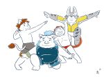  akaji_(artist) anthro belly boar clothed clothing eyewear gouryou group hair male mammal mohawk overweight overweight_male porcine seth_(tas) shirt simple_background sunglasses tokyo_afterschool_summoners tusks wetsuit white_background 