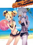  3: :d abigail_williams_(fate/grand_order) ass ball bangs bare_shoulders beach beach_umbrella beachball bikini black_bikini black_bow blonde_hair blue_eyes blue_sky blush bow closed_mouth cloud collarbone commentary day double_bun emerald_float eyebrows_visible_through_hair fate/grand_order fate_(series) from_side hair_bow hands_up highres horn kazuma_muramasa lavinia_whateley_(fate/grand_order) lips long_hair looking_at_viewer looking_back multiple_girls navel ocean open_mouth orange_bow outdoors parted_bangs polka_dot polka_dot_bow profile side_bun sidelocks sky smile standing swimsuit umbrella upper_teeth water 