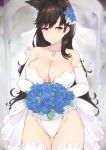  animal_ears atago_(azur_lane) azur_lane bangs black_hair blush bouquet breasts bride cleavage dress elbow_gloves extra_ears flower gloves hair_flower hair_ornament highres holding jewelry kuavera large_breasts leotard long_hair looking_at_viewer necklace open_mouth solo strapless strapless_leotard swept_bangs thighhighs wedding_dress white_gloves white_legwear white_leotard yellow_eyes 