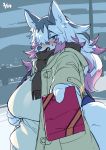  anthro big_breasts black_fur black_nose blue_eyes breasts canine claws clothing digital_media_(artwork) dog fangs female fur jacket kishibe looking_at_viewer mammal multicolored_fur open_mouth outside purple_fur scarf solo standing sweater tongue white_fur 