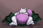  &lt;3 2018 accident ambiguous_gender belly feet legendary_pok&eacute;mon long_tail mewtwo nintendo obese overweight pok&eacute;mon pok&eacute;mon_(species) purple_eyes raster_dreams shocked simple_background sitting slightly_chubby sofa solo surprise video_games 