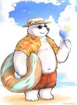  2018 anthro beach bear belly clothed clothing drinks eyewear funo848nofu hat male mammal navel open_shirt overweight overweight_male polar_bear seaside shirt solo sunglasses swimsuit water 