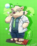  2018 anthro aotoaka bear blue_eyes blush clothing eyewear fur glasses male mammal overweight overweight_male pants polar_bear rave_(housamo) shirt solo tokyo_afterschool_summoners white_fur 