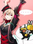  1girl anger_vein arms_up bangs black_coat black_jumpsuit blush clenched_hands closed_mouth coat commentary_request eyebrows_visible_through_hair fang_out gas_mask girls_frontline gloves gradient_hair hair_between_eyes head_tilt headgear highres long_hair looking_at_viewer m4_sopmod_ii_(girls_frontline) megaphone mod3_(girls_frontline) multicolored_hair multiple_straps pink_hair prosthesis prosthetic_arm red_eyes red_hair ro635_(dinergate) sd_bigpie short_jumpsuit sidelocks sleeveless_jumpsuit spoken_ellipsis strap streaked_hair stretch sweat zipper_pull_tab 