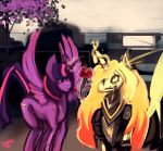  2017 absurd_res armor blonde_hair blue_hair clothed clothed_feral clothing crying cutie_mark detailed_background digital_media_(artwork) digital_painting_(artwork) dirtyscoundrel duo equine feathered_wings feathers female feral flower friendship_is_magic fur grey_armor grey_clothing hair hi_res horn looking_at_another magic mammal mane multicolored_hair multicolored_mane multicolored_tail my_little_pony orange_hair outside pink_hair plant purple_eyes purple_feathers purple_fur purple_hair purple_horn purple_nose purple_tail purple_tree purple_wings quadruped raised_wings red_mane rose signature smile snout standing tears teeth tree twilight_sparkle_(mlp) two_tone_hair two_tone_mane two_tone_tail uniform unknown_character white_sky winged_unicorn wings yellow_ears yellow_eyes yellow_fur yellow_horn yellow_mane yellow_nose yellow_sclera yellow_tail 