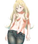  blonde_hair blush breasts closed_mouth commentary_request denim hair_between_eyes hair_censor hair_over_breasts highres jeans kantai_collection long_hair looking_at_viewer mole mole_under_eye mole_under_mouth navel no_bra panties pants pink_panties richelieu_(kantai_collection) simple_background small_breasts smile solo tama_(seiga46239239) topless underwear white_background yellow_eyes 