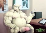  2018 anthro balls bear belly eyewear fur glasses male mammal moobs navel nipples overweight overweight_male penis polar_bear primodrago rave_(housamo) sitting smoking solo tokyo_afterschool_summoners white_fur 