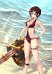  adsouto artist_name beach black_swimsuit bracelet breasts brown_eyes brown_hair cleavage coco_adel collarbone covered_navel day gatling_gun glowing_gun_barrel gun hand_on_hip highres holding holding_gun holding_weapon jewelry looking_at_viewer medium_breasts one-piece_swimsuit rwby shin_strap smile solo standing steam sunglasses swimsuit thigh_strap water watermark weapon wind 