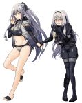 ak-12_(girls_frontline) alternate_costume alternate_hair_color an-94_(girls_frontline) ankle_holster bangs bikini black_ribbon blue_eyes blush braid breasts closed_mouth combat_knife commentary_request diving_mask diving_suit embarrassed eyebrows_visible_through_hair french_braid full_body girls_frontline grey_jacket groin hairband hand_up highres holding_goggles holding_hands jacket knees_together_feet_apart knife long_hair looking_at_viewer medium_breasts multiple_girls navel no_shoes one_eye_closed open_clothes open_jacket open_mouth purple_eyes ribbon sd_bigpie sidelocks silver_bikini silver_hair simple_background smile standing stomach sweat swimsuit very_long_hair wavy_mouth weapon wetsuit white_background 