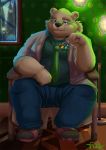  2018 anthro aotoaka bear belly clothed clothing eyewear glasses half-closed_eyes male mammal open_shirt overweight overweight_male pants polar_bear rave_(housamo) shirt sitting solo tokyo_afterschool_summoners 