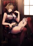  bangs bare_shoulders belt blush breasts brown_hair chair collar commentary day elbow_rest fanning_face gloves gloves_removed green_eyes headgear indoors kantai_collection knee_up kyouya_(mukuro238) large_breasts looking_at_viewer midriff mutsu_(kantai_collection) navel open_mouth short_hair sidelocks signature sitting skirt sleeveless solo stomach thighhighs thighs underbust window 