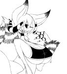  2018 anthro big_breasts black_and_white black_sclera breasts canine choker cibastion cleavage clothed clothing cowbell digital_media_(artwork) female fox fur hair horn hybrid kayoh looking_at_viewer mammal monochrome multi_tail pandemonium_wizard_village solo 