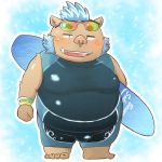  2018 anthro belly blush boar bulge dysk3 eyewear gouryou male mammal mohawk overweight overweight_male porcine solo sunglasses surfboard tokyo_afterschool_summoners tusks wetsuit 