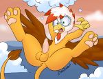  2018 anus avian balls beak brown_feathers butt cloud erection eyewear facial_hair feathered_wings feathers feral friendship_is_magic fur glasses goatee gryphon hi_res leafrunnerk male my_little_pony nude open_mouth outside penis simple_background sky solo spread_legs spreading sunburst_(mlp) tongue wings zanezandell 