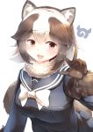  :d absurdres animal_ears blue_serafuku blue_skirt bow bowtie brown_eyes brown_gloves brown_hair commentary eyebrows_visible_through_hair fur-trimmed_sleeves fur_collar fur_trim gloves highres japari_symbol kanzakietc kemono_friends long_sleeves looking_at_viewer medium_hair multicolored_hair open_mouth pleated_skirt raccoon_ears raccoon_tail simple_background skirt smile solo tail tanuki_(kemono_friends) two-tone_hair w white_background white_hair white_neckwear 