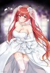  3: azur_lane bangs bare_shoulders blurry blurry_background blush bow breasts bridal_veil bride cleavage closed_mouth collarbone commentary_request depth_of_field dress elbow_gloves eyebrows_visible_through_hair flower garter_straps gloves hair_flower hair_ornament highres honolulu_(azur_lane) jewelry kaetzchen large_breasts long_hair looking_at_viewer md5_mismatch necklace pearl_necklace petals red_eyes red_hair rose see-through signature skirt_hold solo strapless strapless_dress thighhighs thighs twintails veil very_long_hair wedding wedding_dress white_bow white_dress white_flower white_gloves white_legwear white_rose 