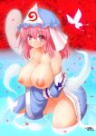  areolae artist_name blush breasts bug butterfly collarbone commentary eyes_visible_through_hair hat highres huge_breasts insect japanese_clothes kimono kimono_pull kneeling large_areolae long_hair looking_at_viewer nipples petals pink_hair puffy_nipples saigyouji_yuyuko smile solo topless touhou triangular_headpiece water wide_sleeves wolflong 