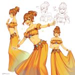  brown_hair dancer dress english gloves green_eyes jewelry looking_at_viewer mella multiple_views navel necklace octopath_traveler open_mouth ponytail short_hair simple_background smile tressa_(octopath_traveler) white_background 