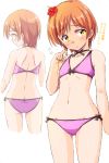  ass back bikini binetsu_kara_mystery blush embarrassed eyebrows_visible_through_hair flat_ass flat_chest flower flying_sweatdrops from_behind hair_flower hair_ornament halterneck hand_up highres hoshizora_rin looking_back love_live! love_live!_school_idol_project multiple_views navel orange_hair pink_bikini red_flower sen_(sen0910) short_hair stomach swimsuit translation_request white_background yellow_eyes 