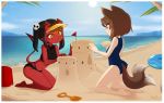  akimi_(merunyaa) animal_humanoid barefoot beach breasts brown_fur brown_hair butt clothing duo feet female fox_humanoid fur hair humanoid mammal meru_(merunyaa) merunyaa one-piece_swimsuit red_skin sand sand_castle sculpture sea seaside spade_tail succubus swimsuit water young 